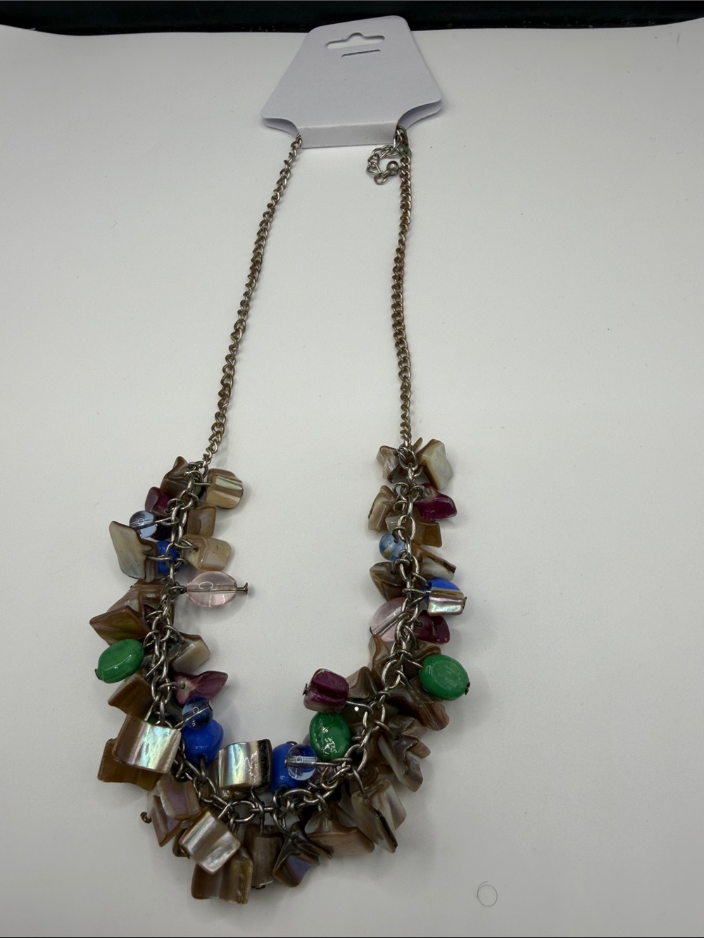 Multicolor Shell & Beaded Cluster Statement Necklace Silver Tone
